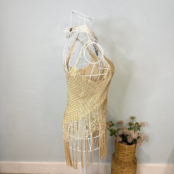 Stunning gold vintage 90s y2k sparkly beaded fringe crochet tank top - Picture 2 of 6